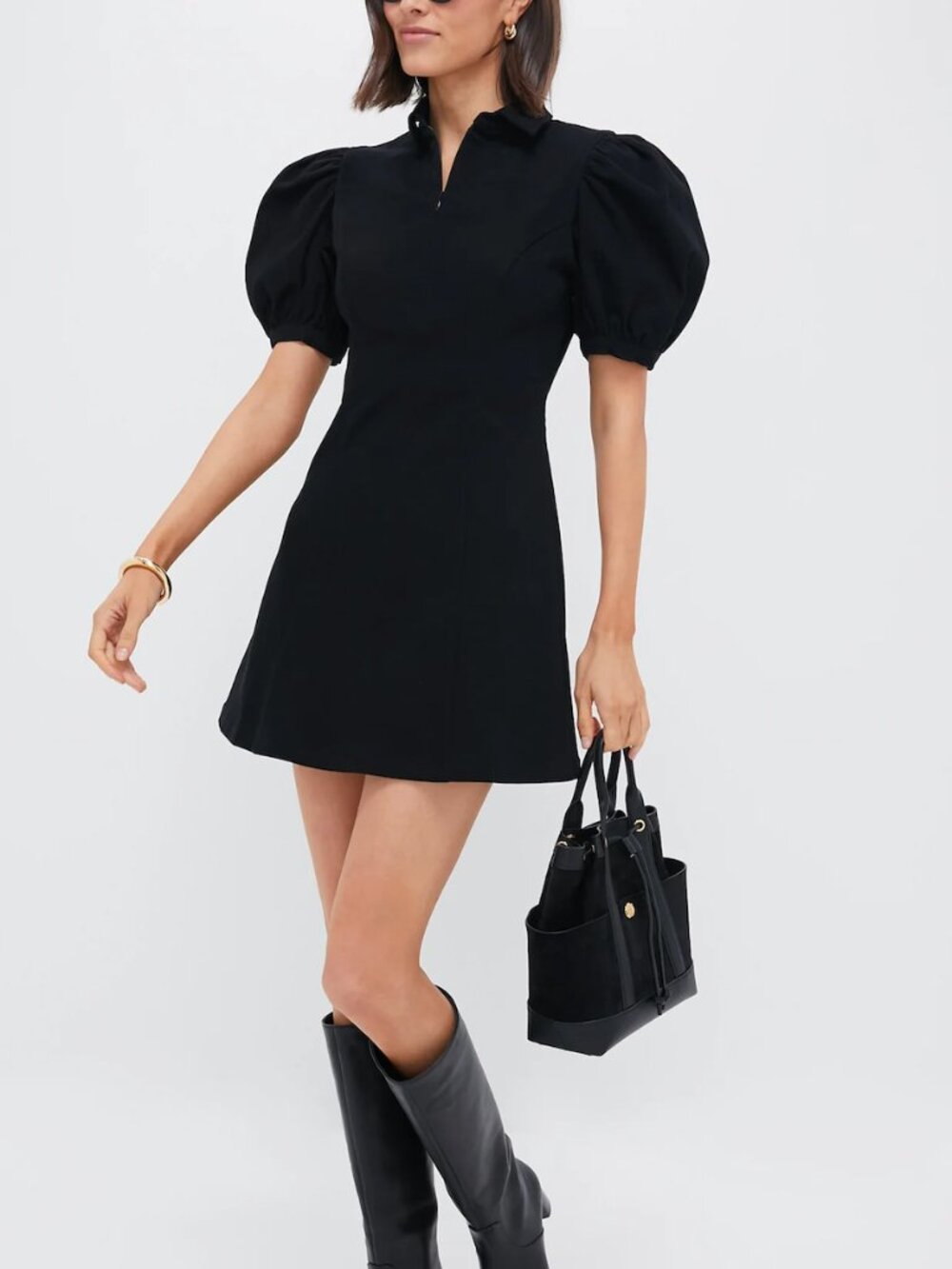 Hyacinth House Black Front Zip Denim Puff Sleeve Mini Dress - Small